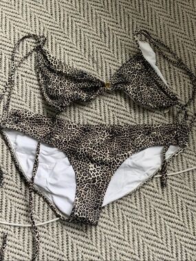Leopard Print Tie-Side Bikini Set - Beige & Black